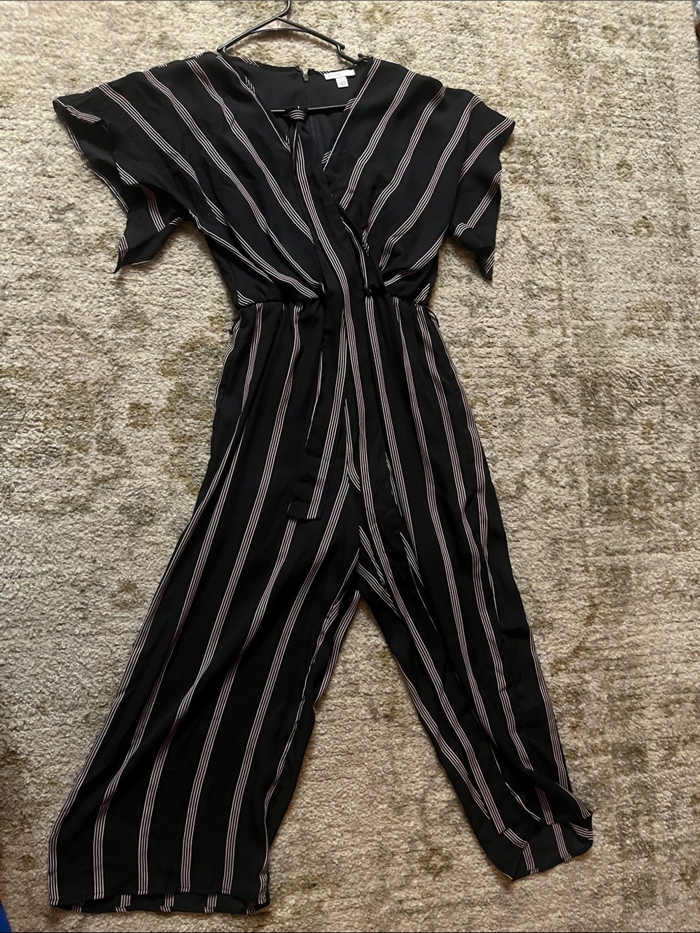 Black Striped Wrap Jumpsuit with Tie Belt